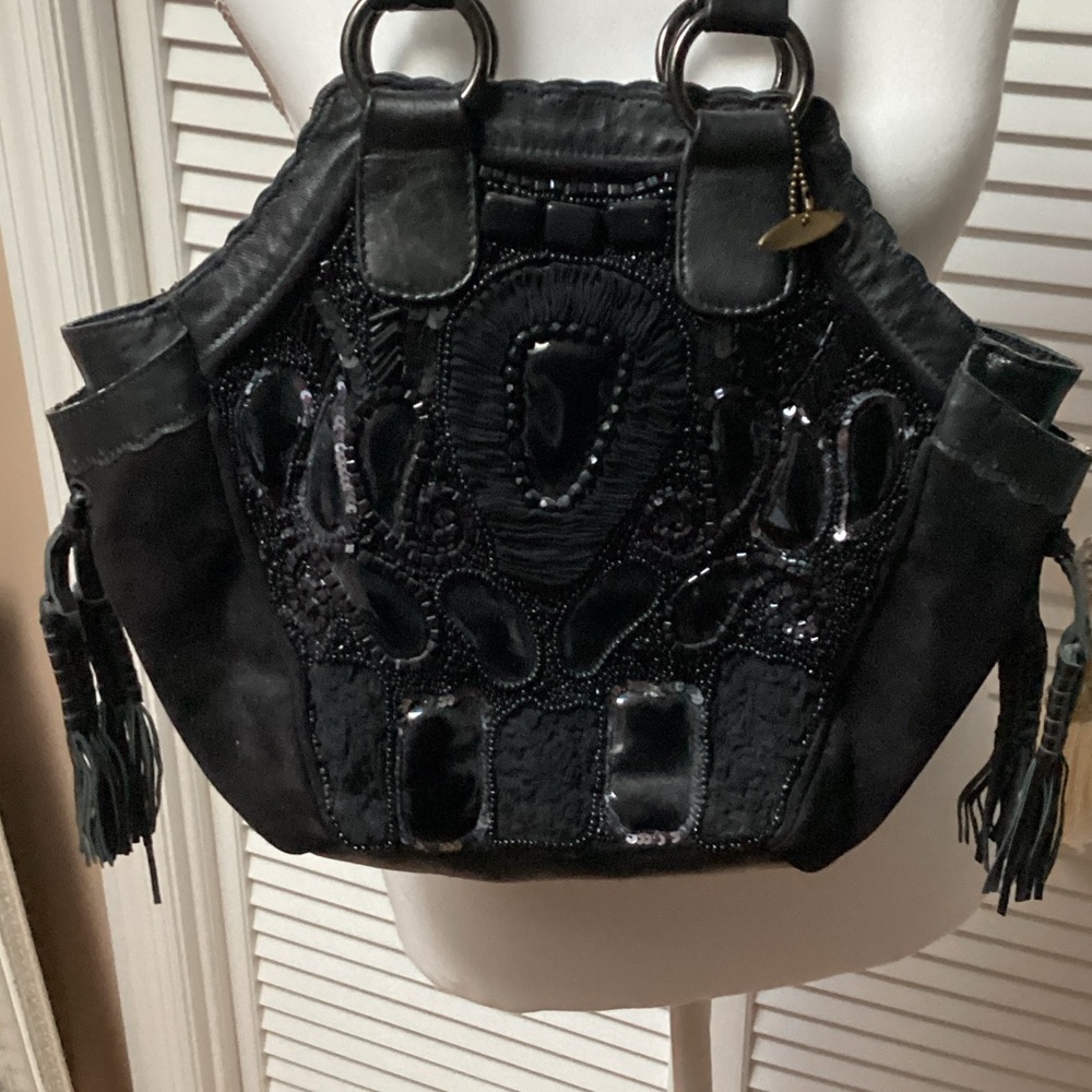 Mary Frances Black Beaded Shoulder Bag